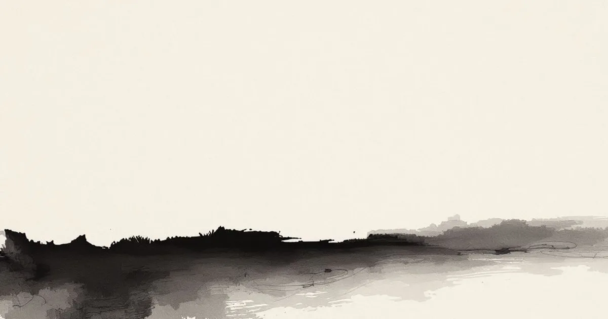 Sumi-e ink-wash illustration: a wash of dark ink bleeding softly into a pale, misty expanse of water.