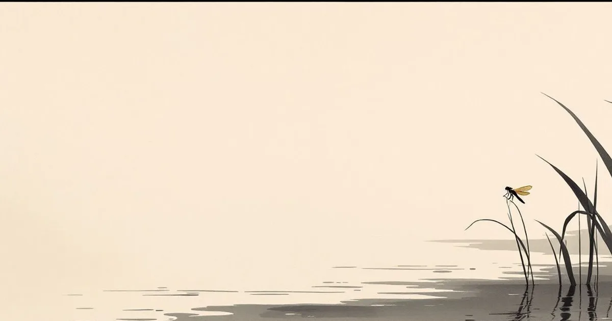 Sumi-e ink-wash illustration: a single dragonfly at rest on a slender reed over calm water.