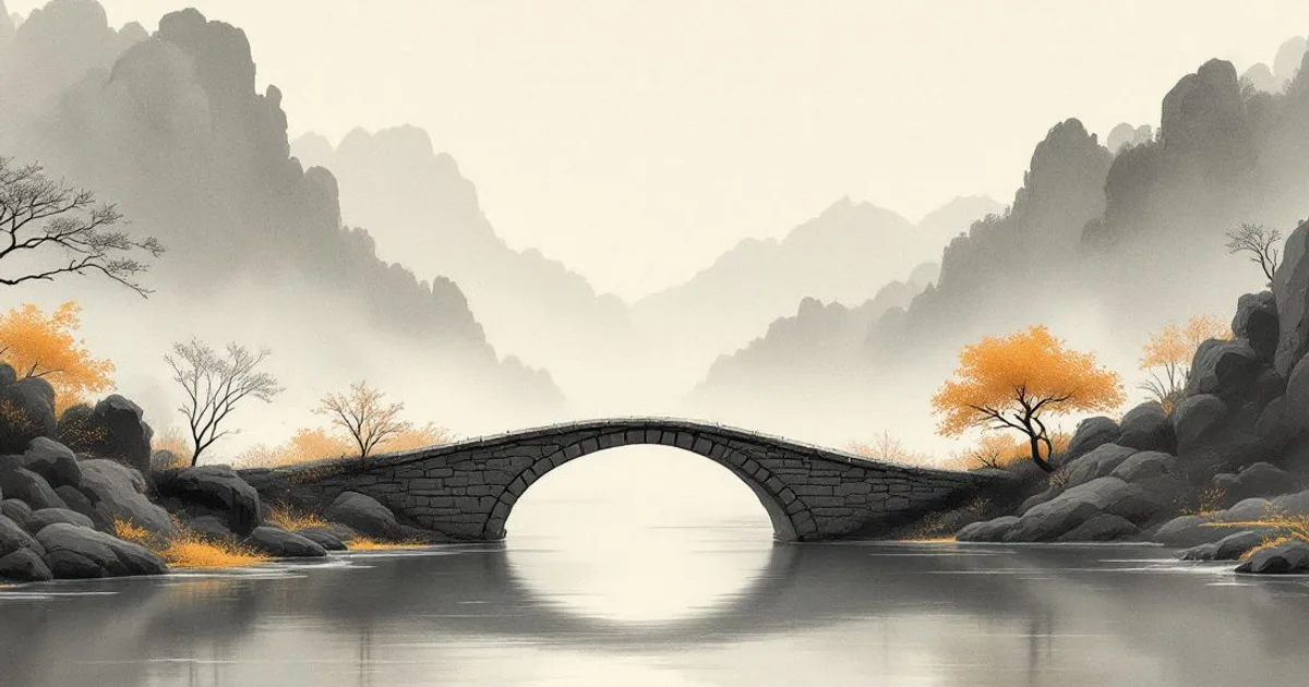 Sumi-e ink-wash illustration: an empty stone bridge arching over still water between two misty, tree-lined shores.