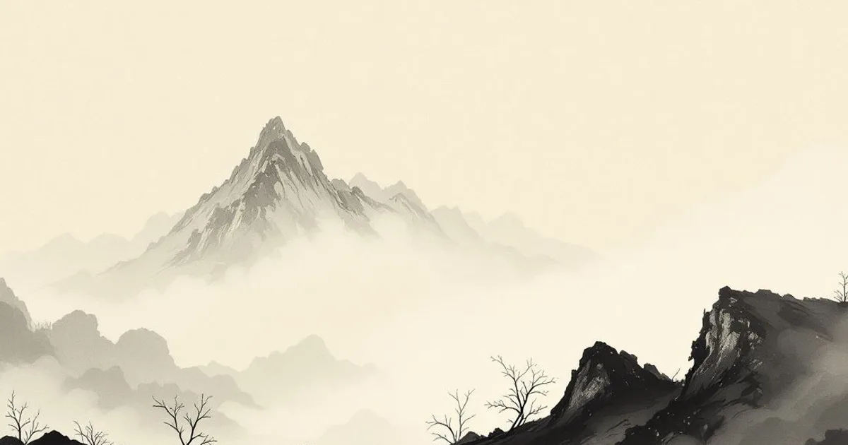 Sumi-e ink-wash illustration: a winding mountain path disappearing into cloud.
