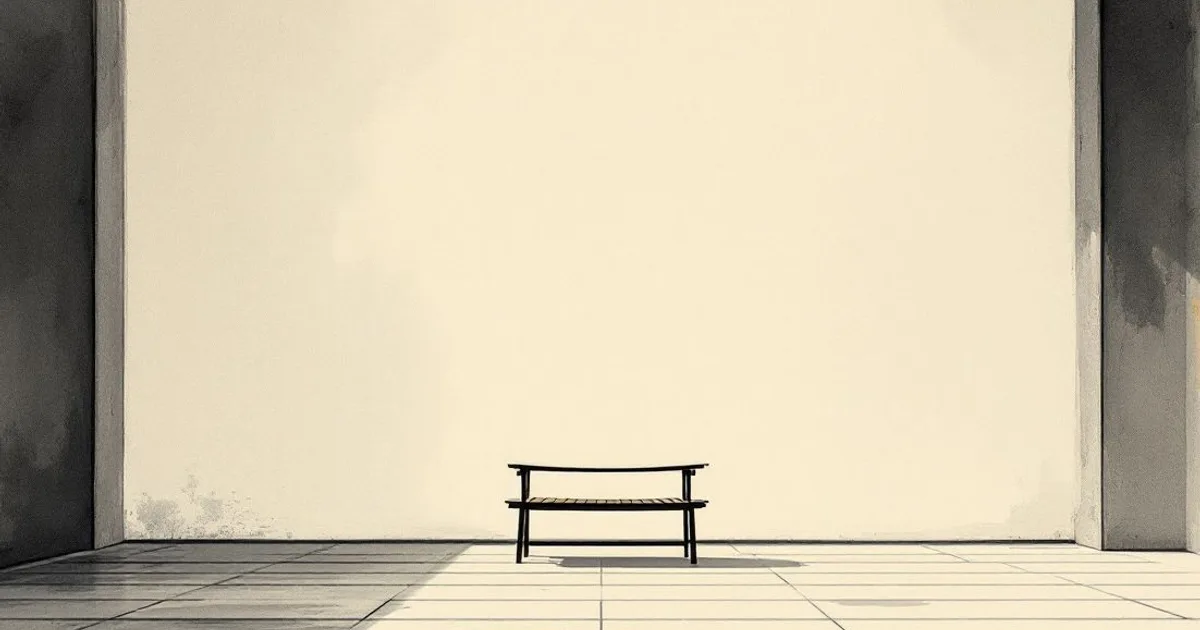 Chögyam Trungpa: an empty bench in a bare sunlit hall (ink-wash illustration)