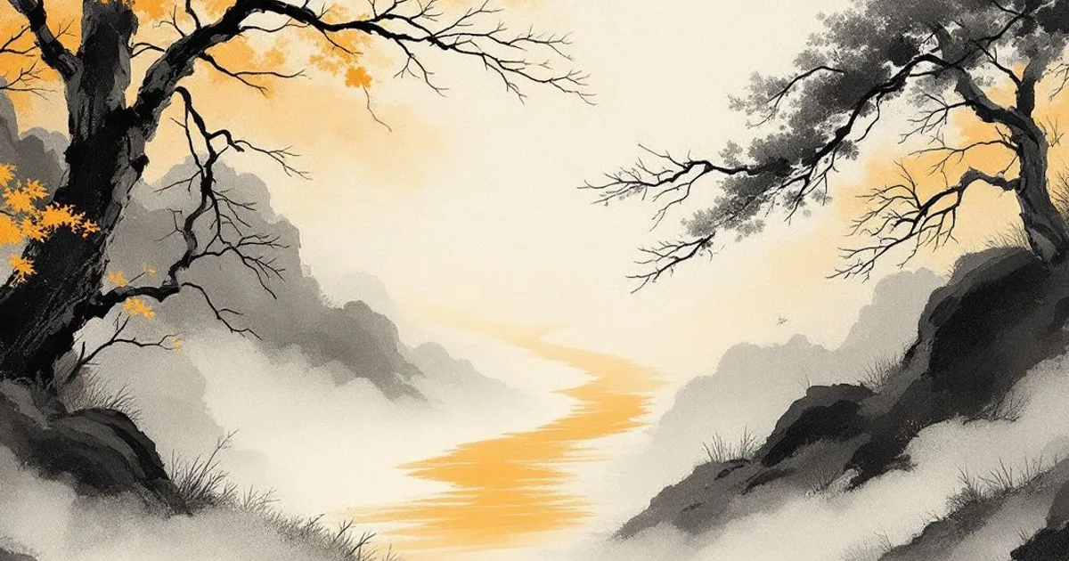 Sumi-e ink-wash illustration: a quiet path winding into soft mist.