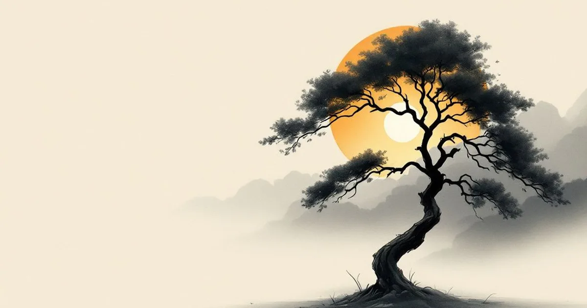Sumi-e ink-wash illustration: a solitary bodhi tree at dawn.