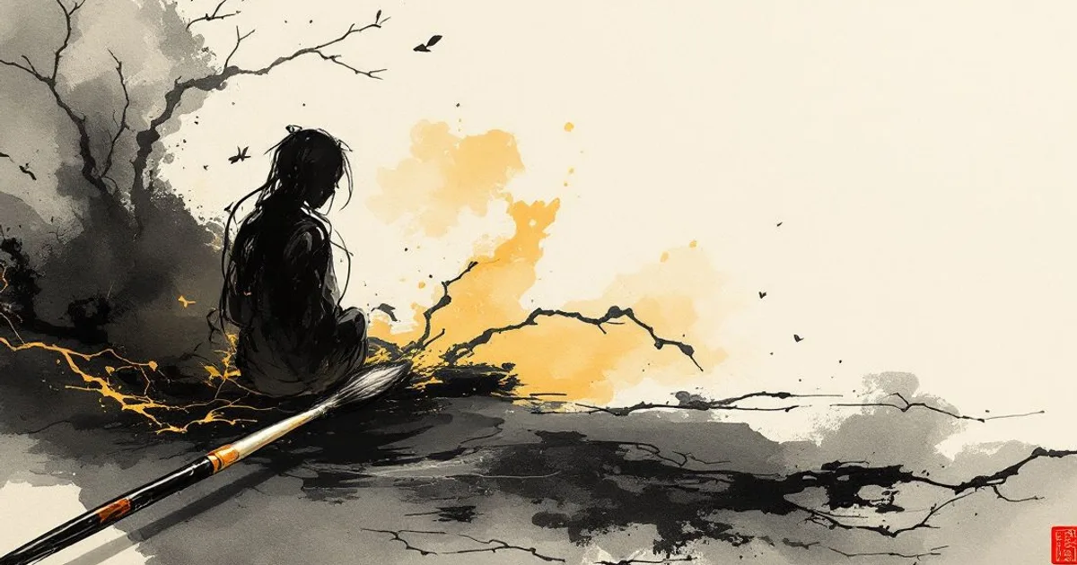 Dhammacakkappavattana Sutta: a brush resting on an ink stone (ink-wash illustration)