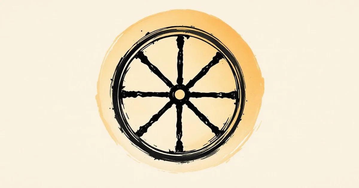 Sumi-e ink-wash illustration: an eight-spoked dharma wheel rendered in flowing ink.