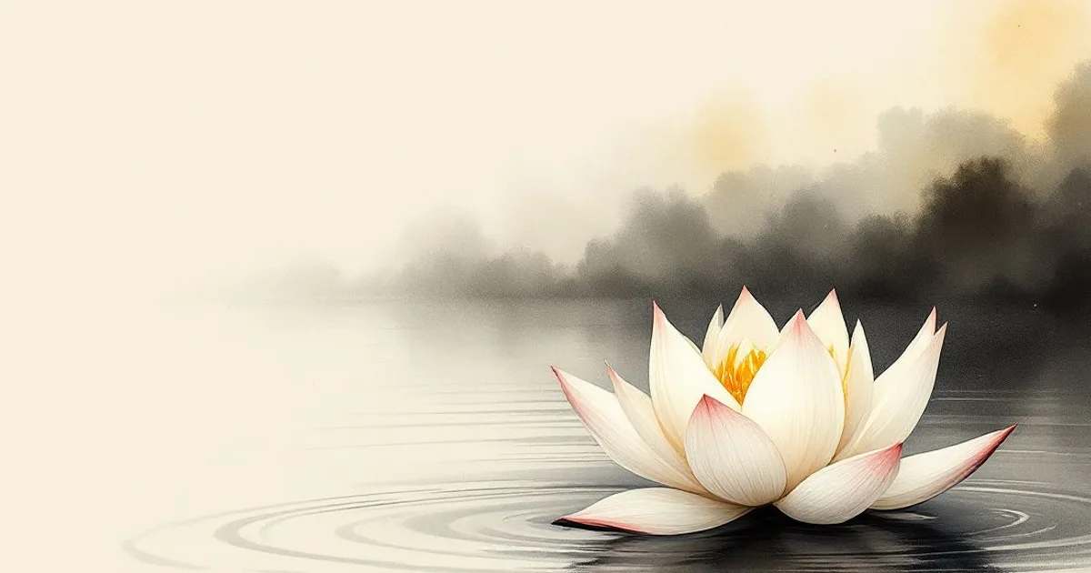 Sumi-e ink-wash illustration: a single lotus on calm water.