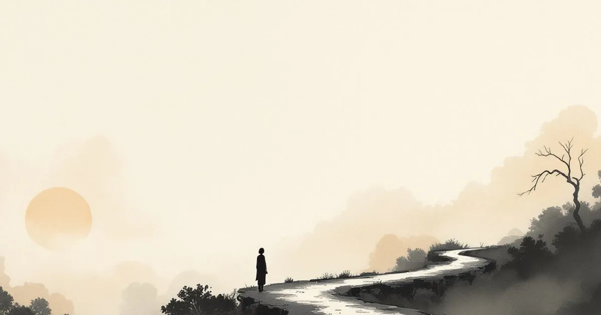 Sumi-e ink-wash illustration: a quiet path winding into soft mist.