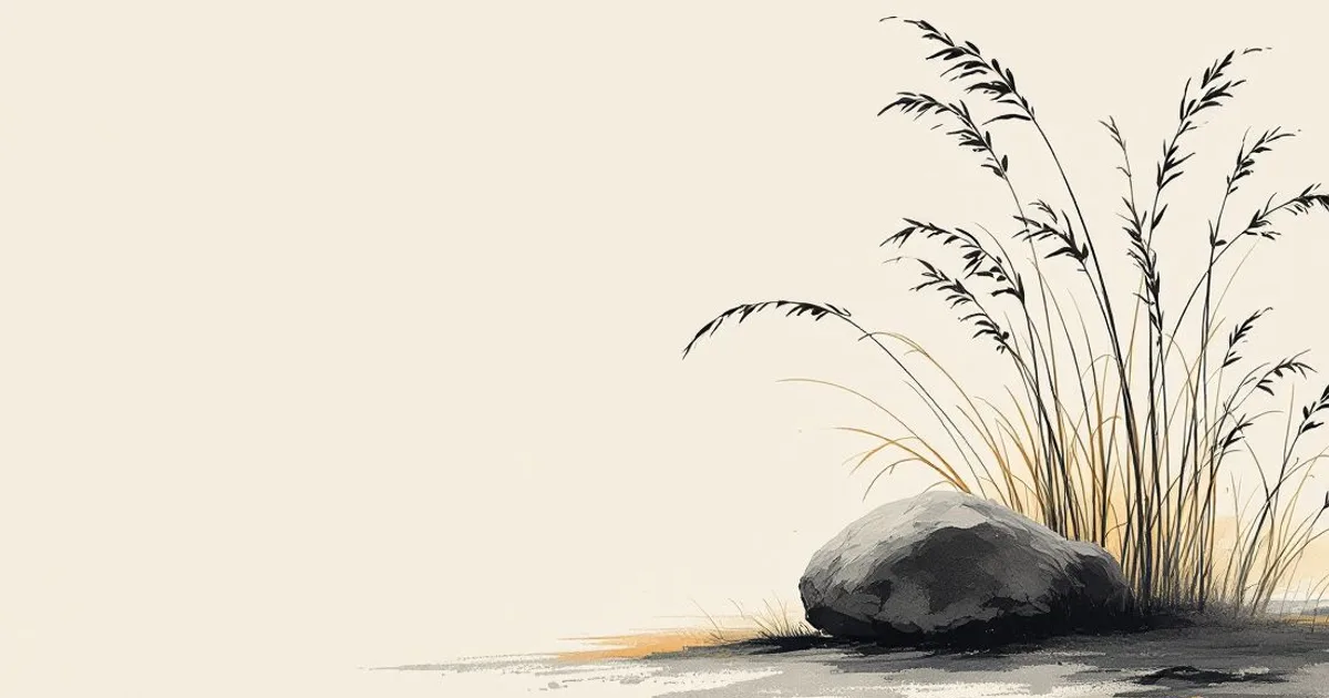 The Eight Worldly Winds: tall grasses leaning in the wind beside a single still boulder (ink-wash illustration)