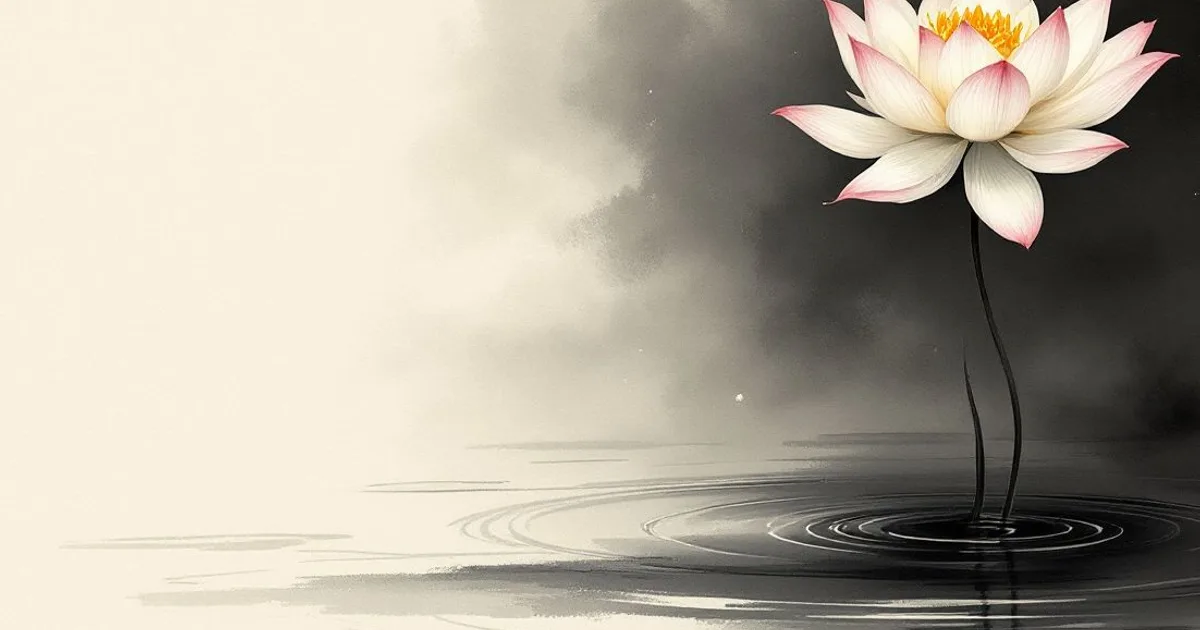 Sumi-e ink-wash illustration: a single lotus rising from calm water.