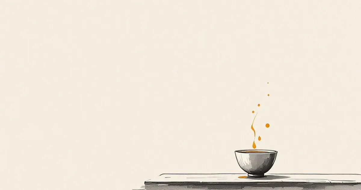Sumi-e ink-wash illustration: an overflowing teacup, tea spilling across a low wooden table.