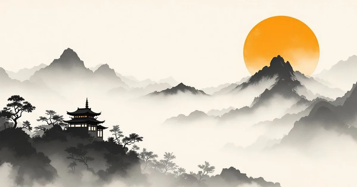 Sumi-e ink-wash illustration: distant misty mountains with a small monastery silhouette.