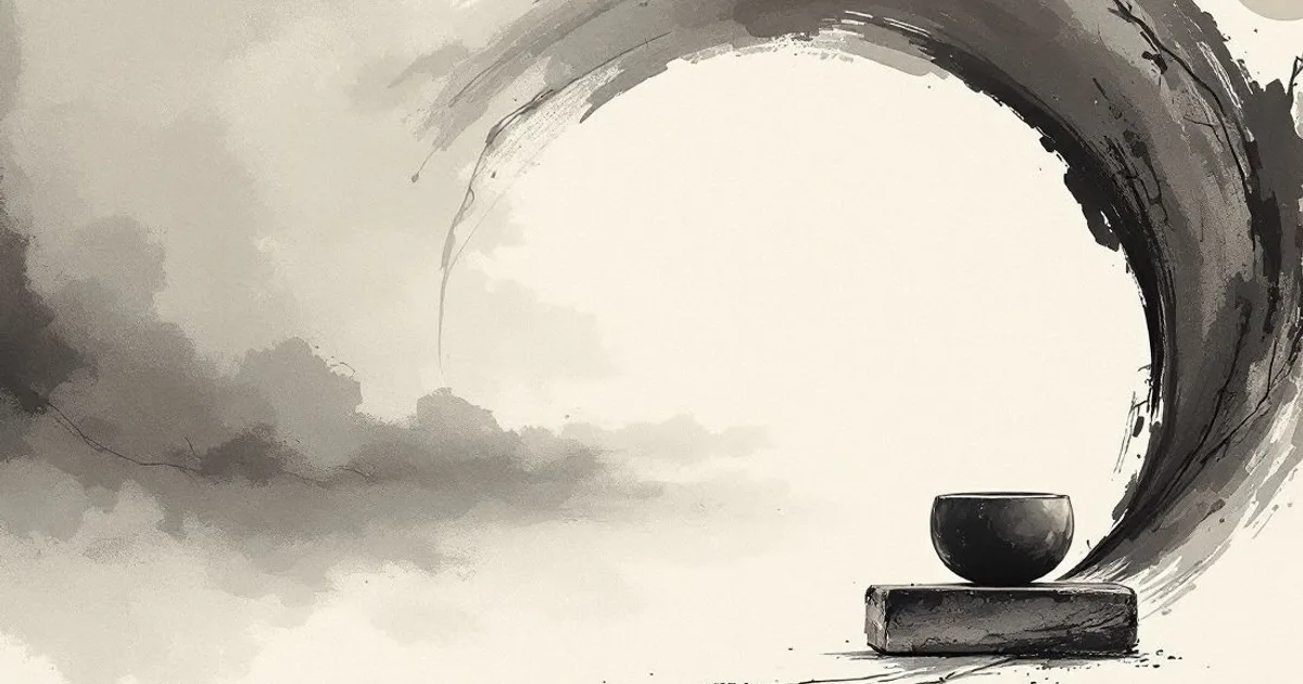 Enso: an open brushed ink circle arching over a small dark bowl on a stone block (ink-wash illustration)