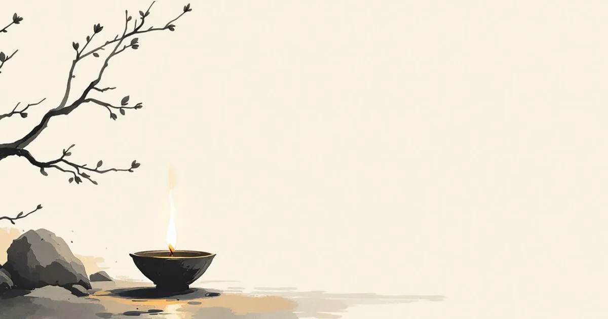 Sumi-e ink-wash illustration: a single oil lamp burning quietly.