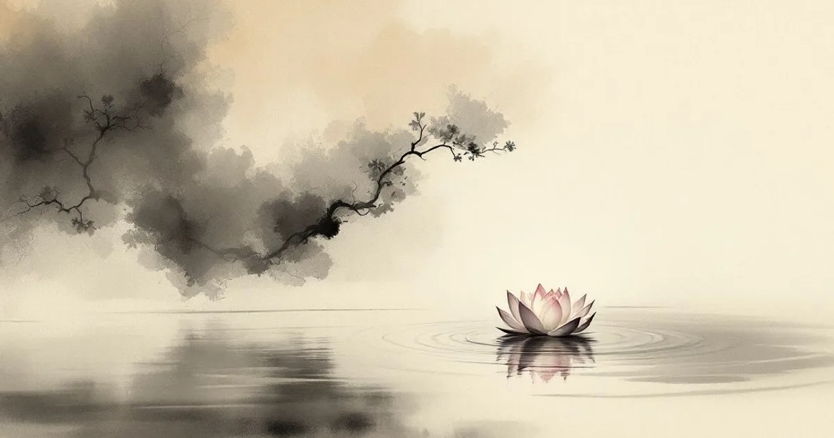 Sumi-e ink-wash illustration: a single open lotus on still water.