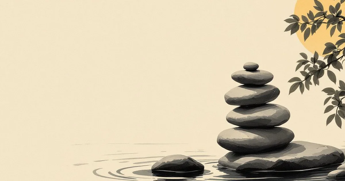 The Five Powers: smooth stones stacked in balance in still water beneath a leafy branch (ink-wash illustration)
