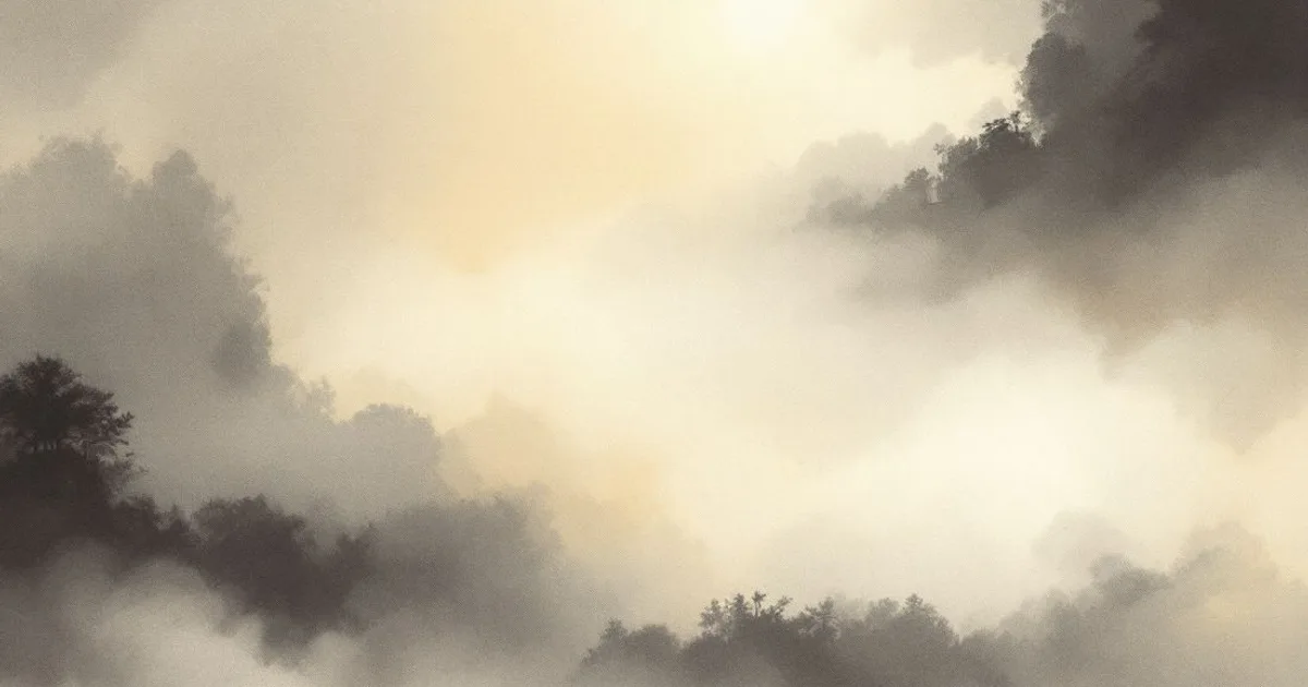 The Five Remembrances: soft light through drifting mist (ink-wash illustration)