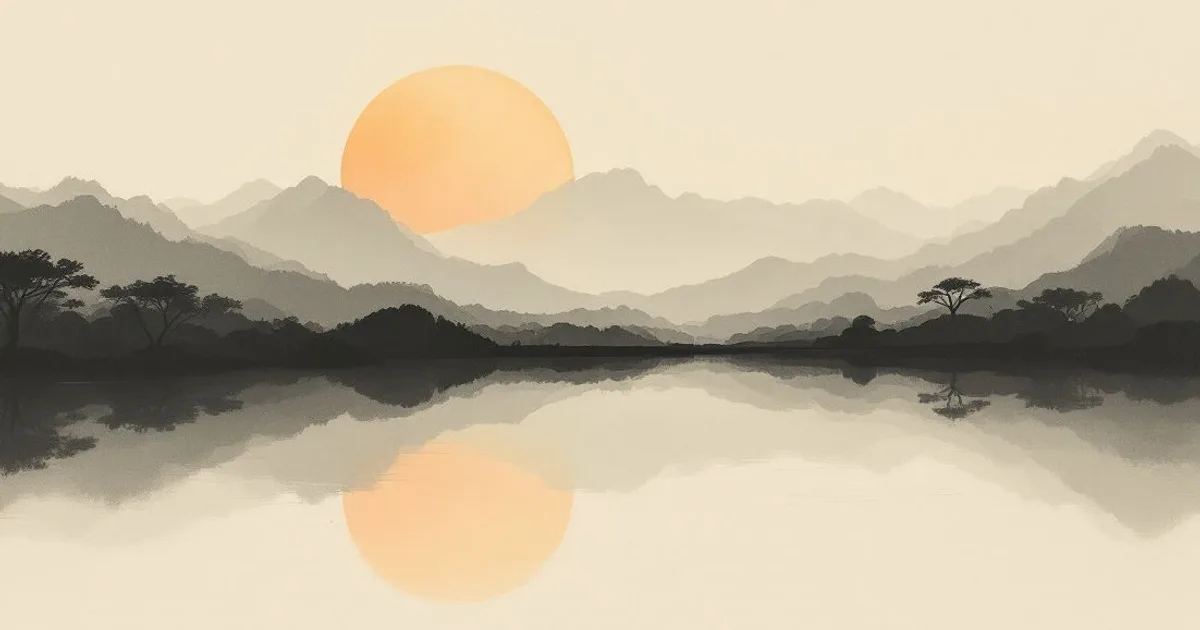Sumi-e ink-wash illustration: a still pond perfectly mirroring an open sky at first light.