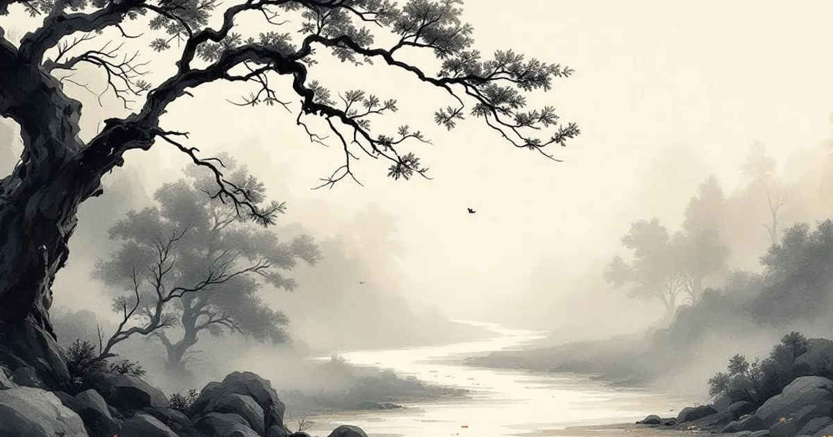 Sumi-e ink-wash illustration: a quiet path winding into soft mist.