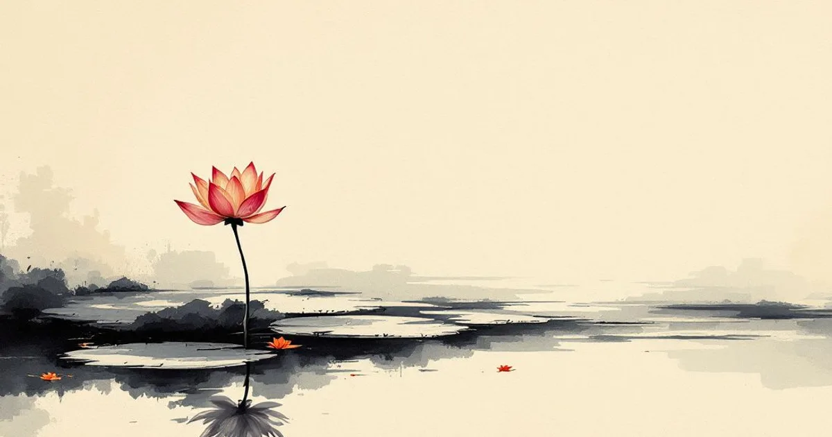 Sumi-e ink-wash illustration: a single open lotus on still water.