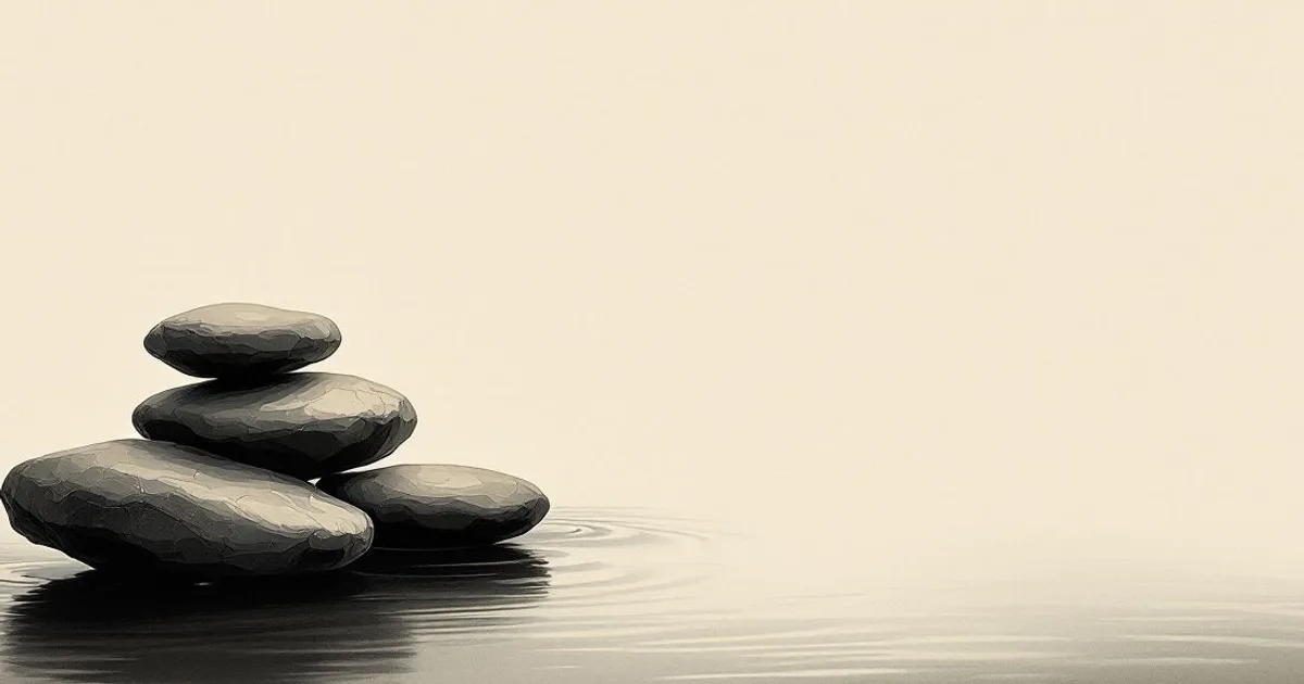 Sumi-e ink-wash illustration: a small cairn of four smooth stones at the edge of calm, still water.