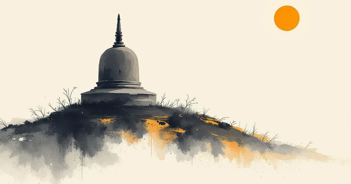 Buddhist Monuments: a bell-shaped stone stupa on a grassy rise beneath a saffron sun (ink-wash illustration)