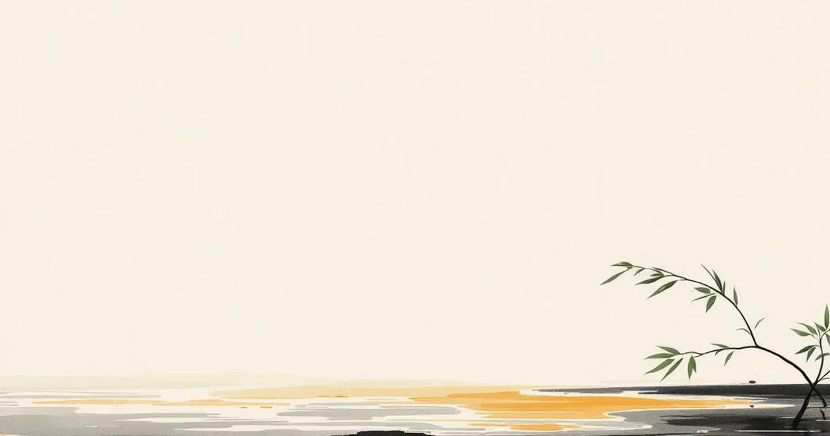 Sumi-e ink-wash illustration: a slender vase with a single willow branch beside still water.