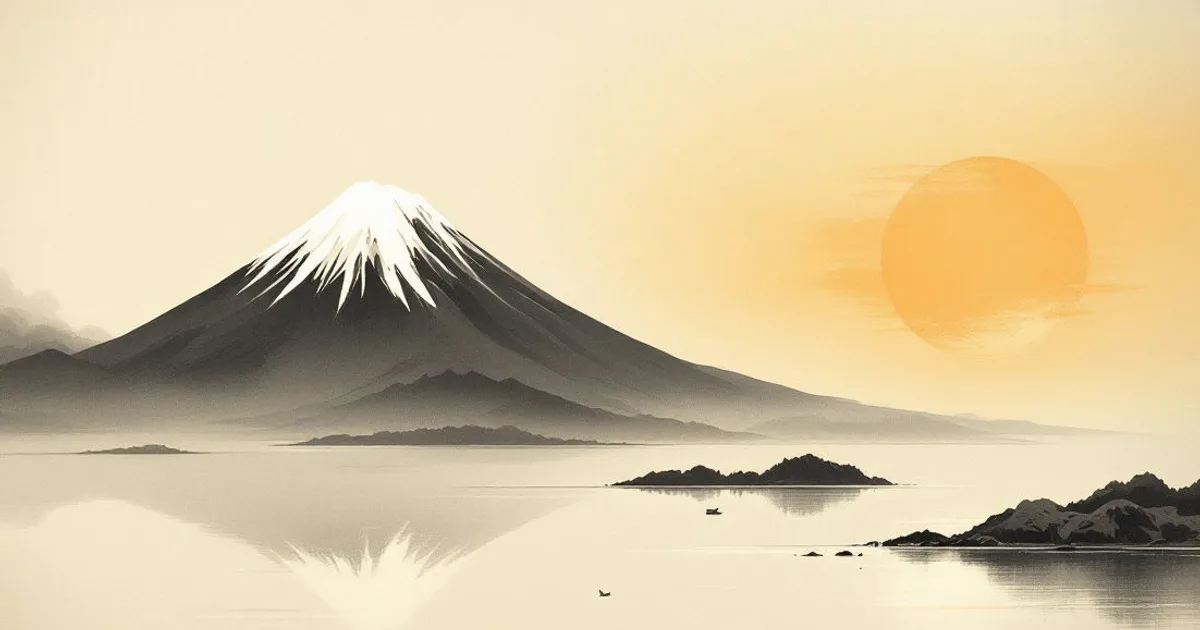 Hakuin Ekaku: a snow-capped volcanic mountain seen across a calm bay at dawn (ink-wash illustration)