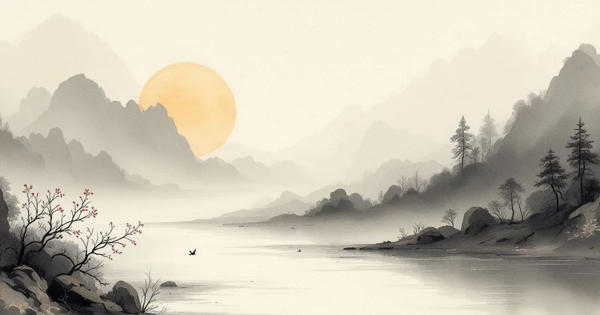 Sumi-e ink-wash illustration: soft dawn light over a quiet river.