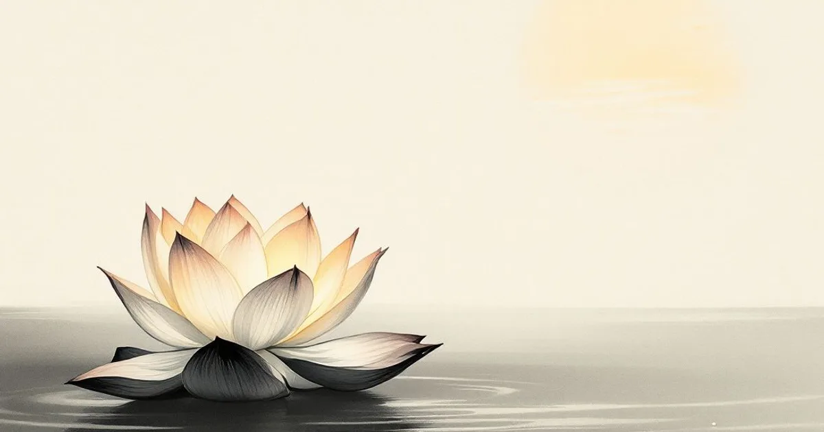Sumi-e ink-wash illustration: a single open lotus on still water.