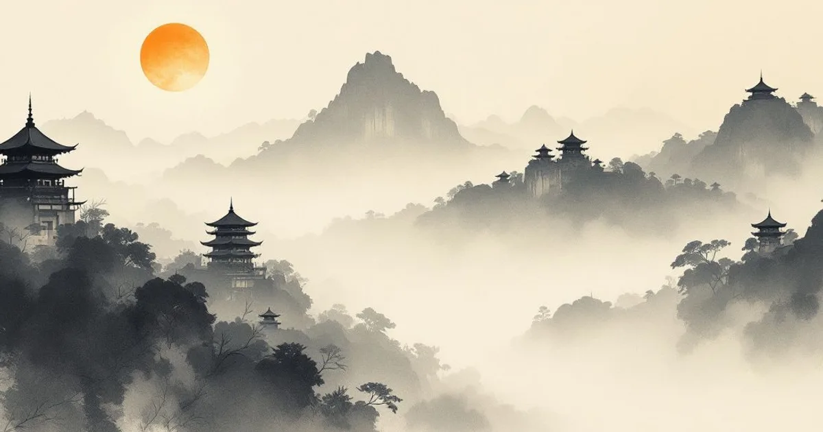 How Many Buddhists Are There in the World?: distant pagodas fading into mist (ink-wash illustration)