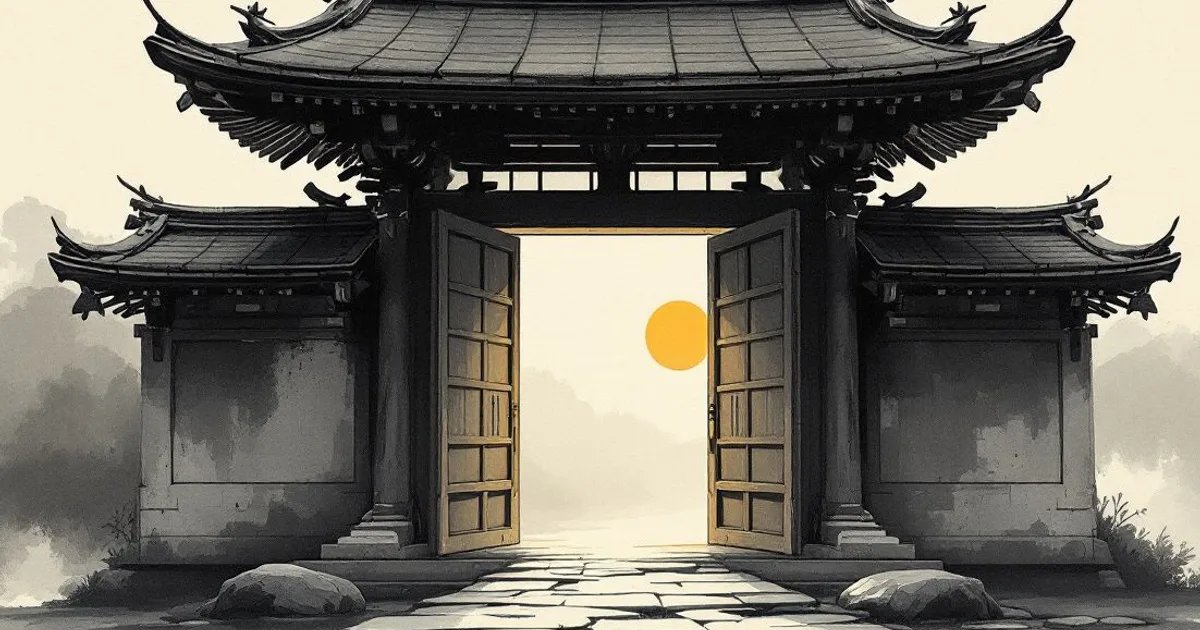 Sumi-e ink-wash illustration: an open wooden monastery gate with a tiled roof, a stone path leading through toward a soft rising sun.