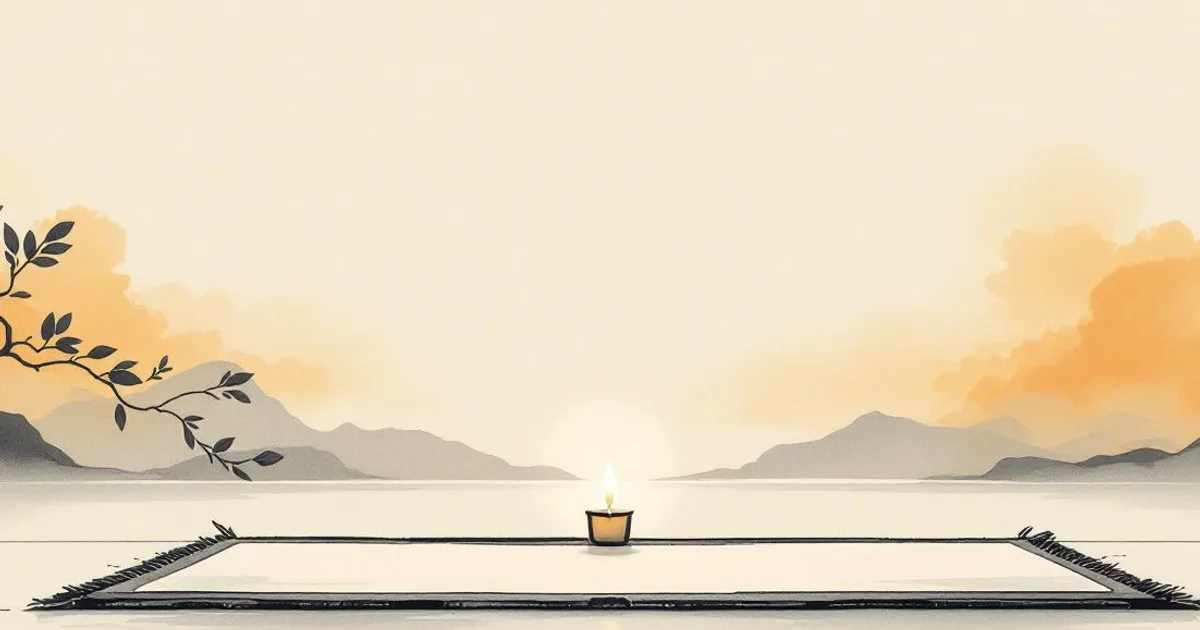 Sumi-e ink-wash illustration: a simple prostration mat laid out before a single candle, in soft light.