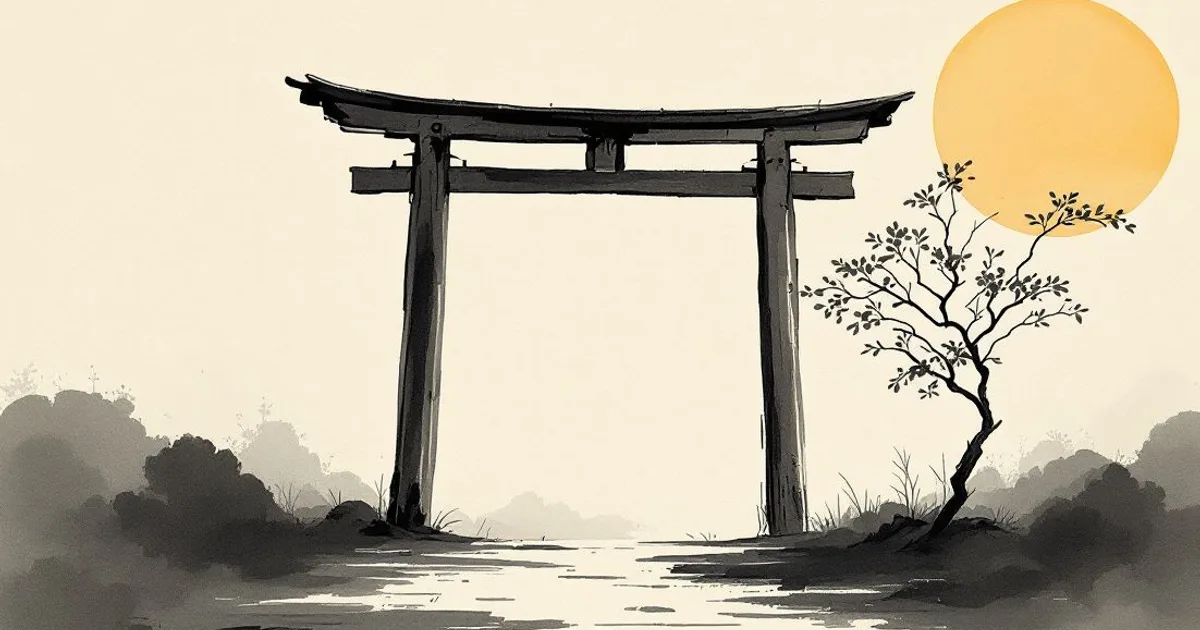 Sumi-e ink-wash illustration: an open wooden gate at dawn.