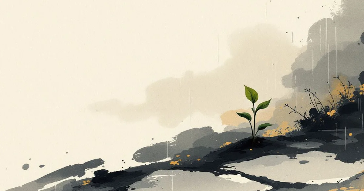Is Karma Real: a green seedling rising from dark wet ground in light rain (ink-wash illustration)