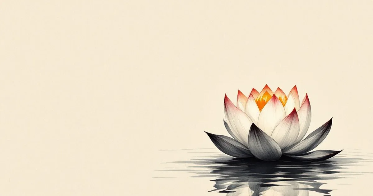 Sumi-e ink-wash illustration: a single lotus on calm water.