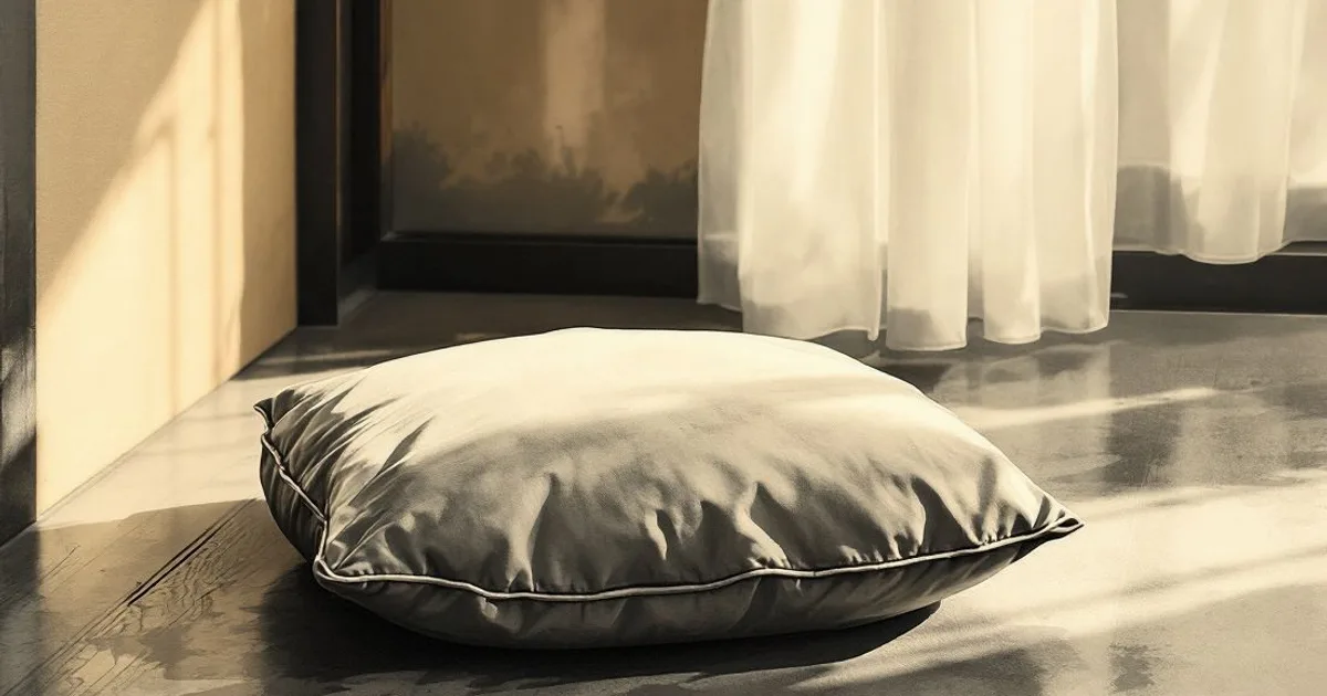Sumi-e ink-wash illustration: a worn meditation cushion in a quiet, sunlit room.