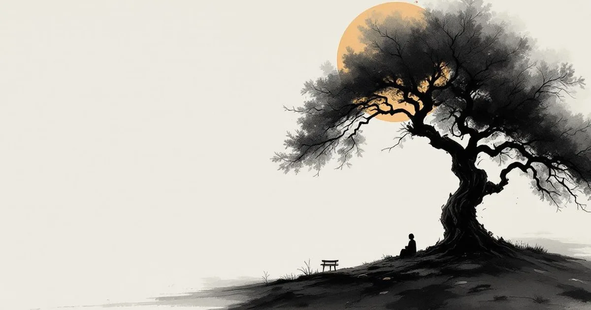 Sumi-e ink-wash illustration: an empty seat beneath a great tree at sunrise.