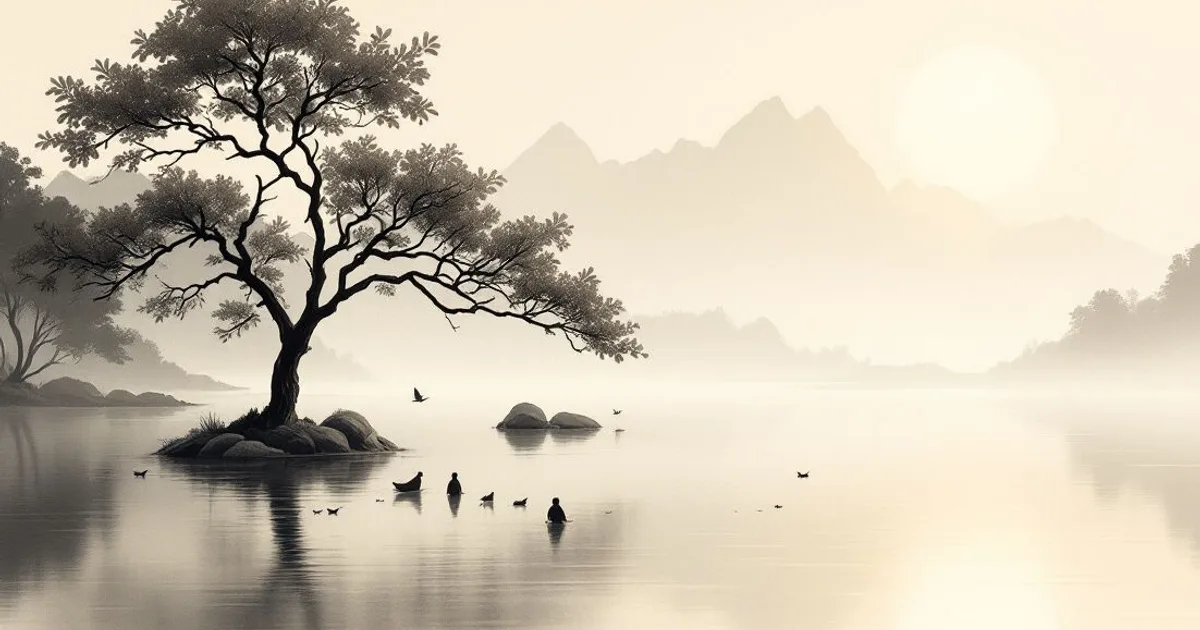 Sumi-e ink-wash illustration: a misty lake at dawn, a tree on a small island reflected in still water.