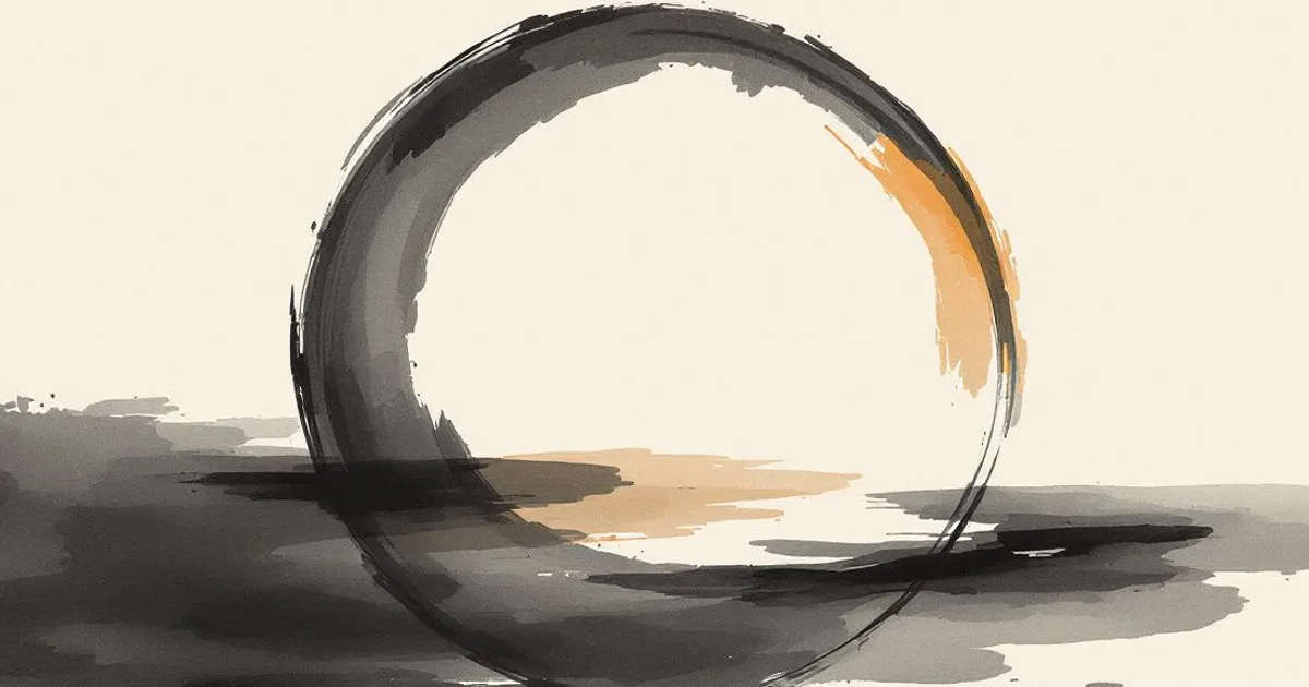 Sumi-e ink-wash illustration: a single ensō, an incomplete brushed ink circle.