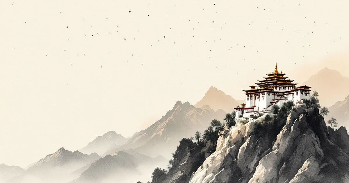 Kalachakra: a Tibetan monastery on a rocky crag below a pale sky scattered with stars (ink-wash illustration)