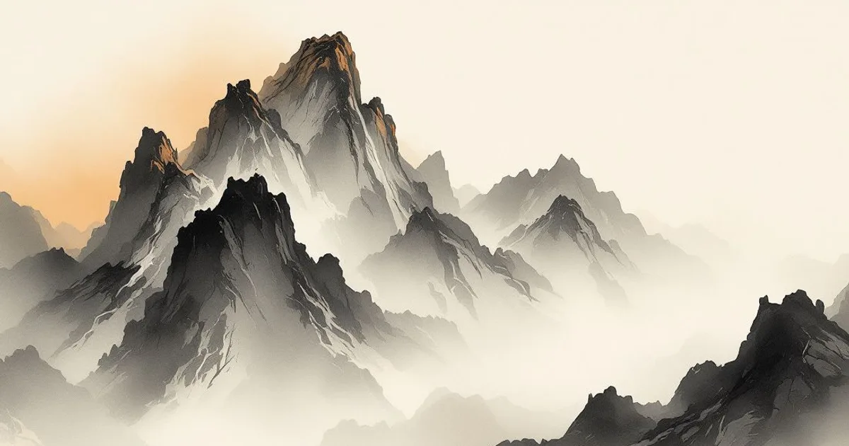 Sumi-e ink-wash illustration: a vast weathered mountain dissolving slowly into drifting mist.