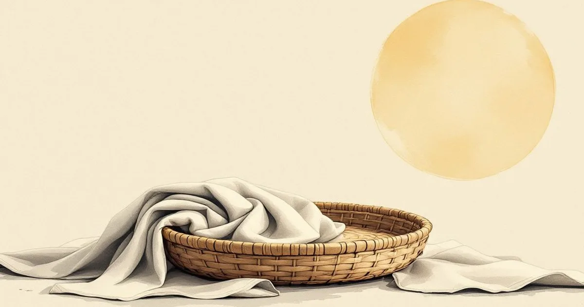 Sumi-e ink-wash illustration: a length of new cloth draped over a simple woven offering tray in warm light.