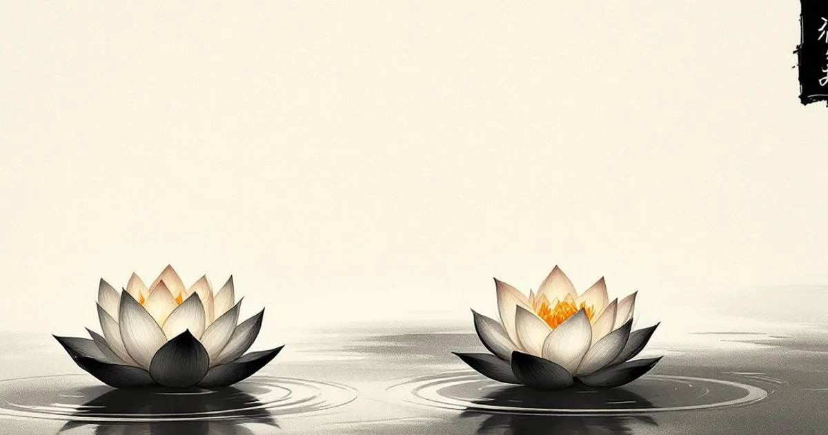 Sumi-e ink-wash illustration: two lotus blossoms in full bloom side by side on calm water.