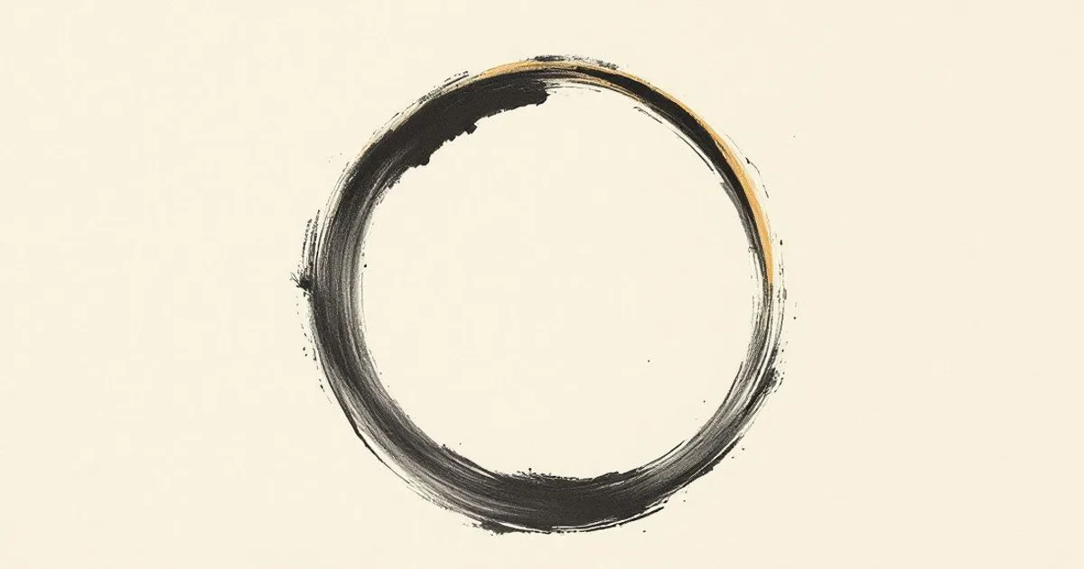 Sumi-e ink-wash illustration: a single ensō, an incomplete brushed ink circle.