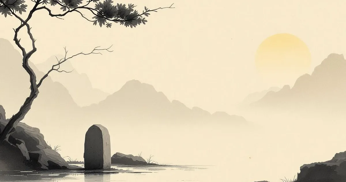Sumi-e ink-wash illustration: a small stone marker by a quiet path, softly lit at dusk.