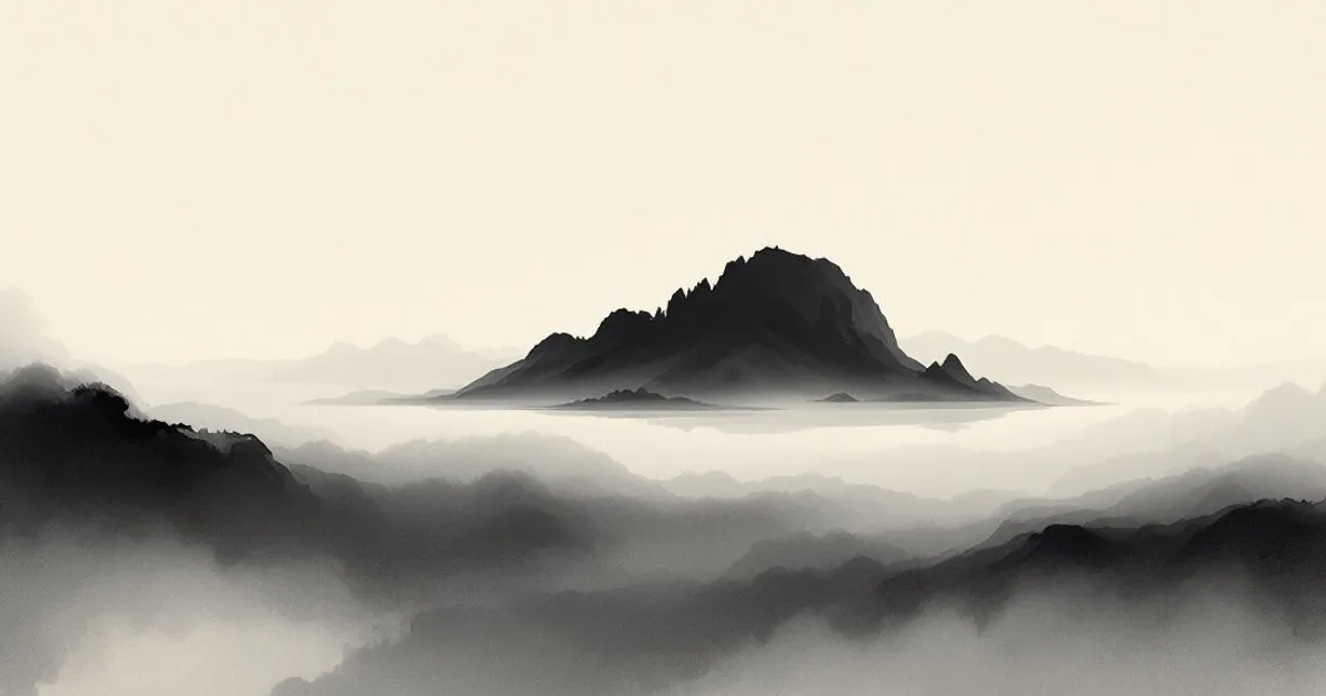 Sumi-e ink-wash illustration: a lone mountainous island rising from a sea of mist, in ink-wash.