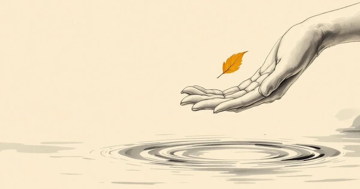 Sumi-e ink-wash illustration: an open hand letting a leaf fall to the water below.
