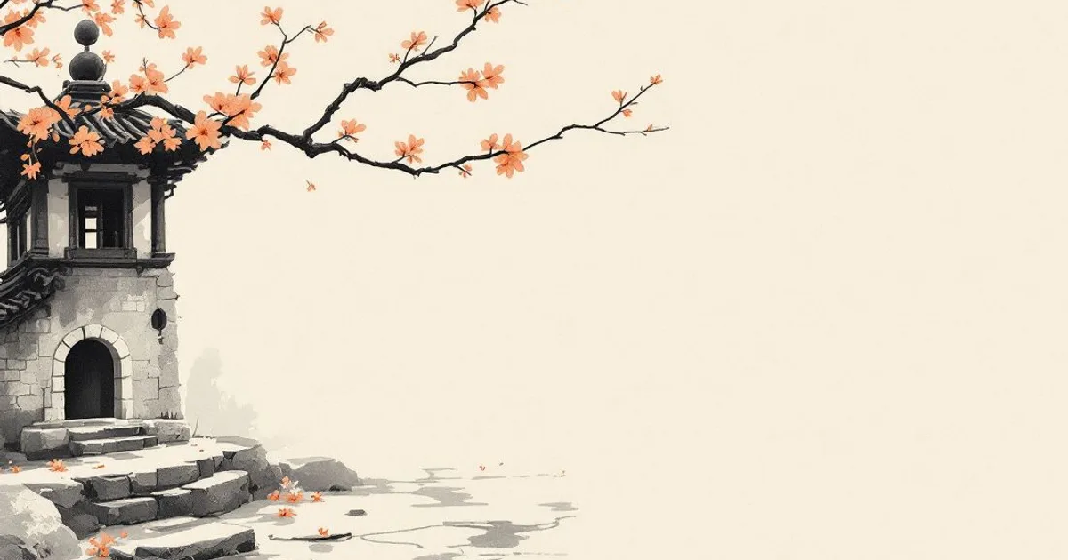 Sumi-e ink-wash illustration: a quiet monastery courtyard with a single blossoming branch over a worn stone path in soft light.