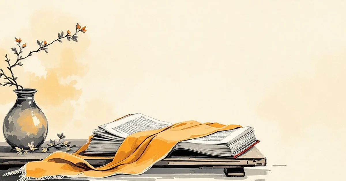Lojong: open books beneath a draped saffron cloth, beside a vase with a flowering branch (ink-wash illustration)