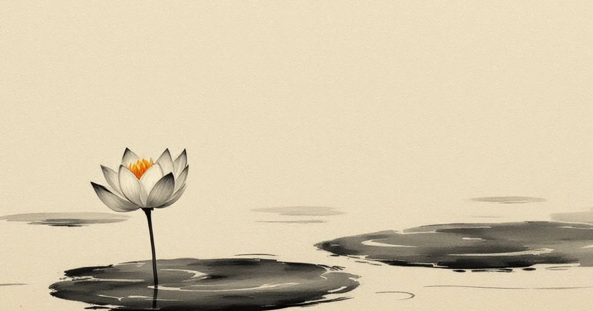Sumi-e ink-wash illustration: a single perfect lotus blossom on still water.